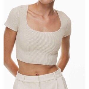 Aritzia Babaton Beige Ribbed Crop Short Sleeve Top size S Cream